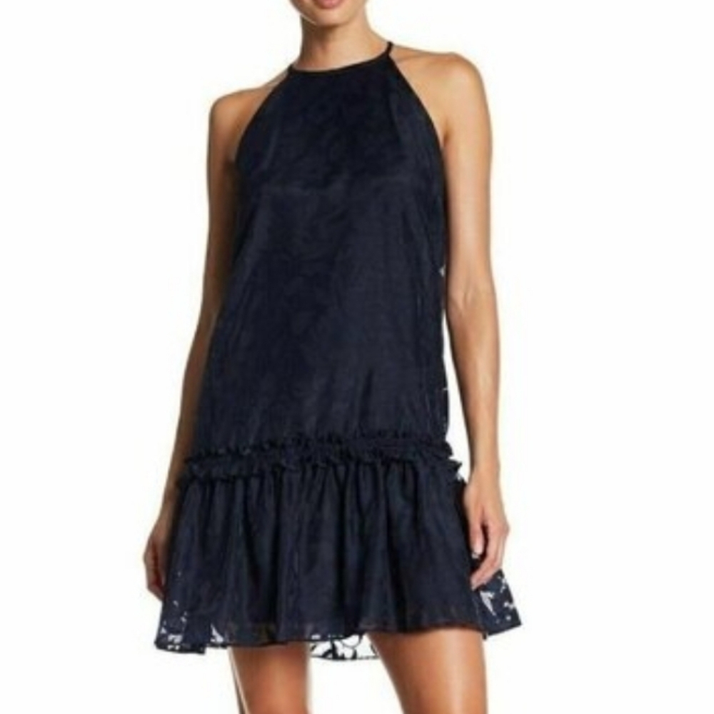 Maggy London Navy Tonal Floral Halter Cocktail Dress Size 8 Wedding Guest